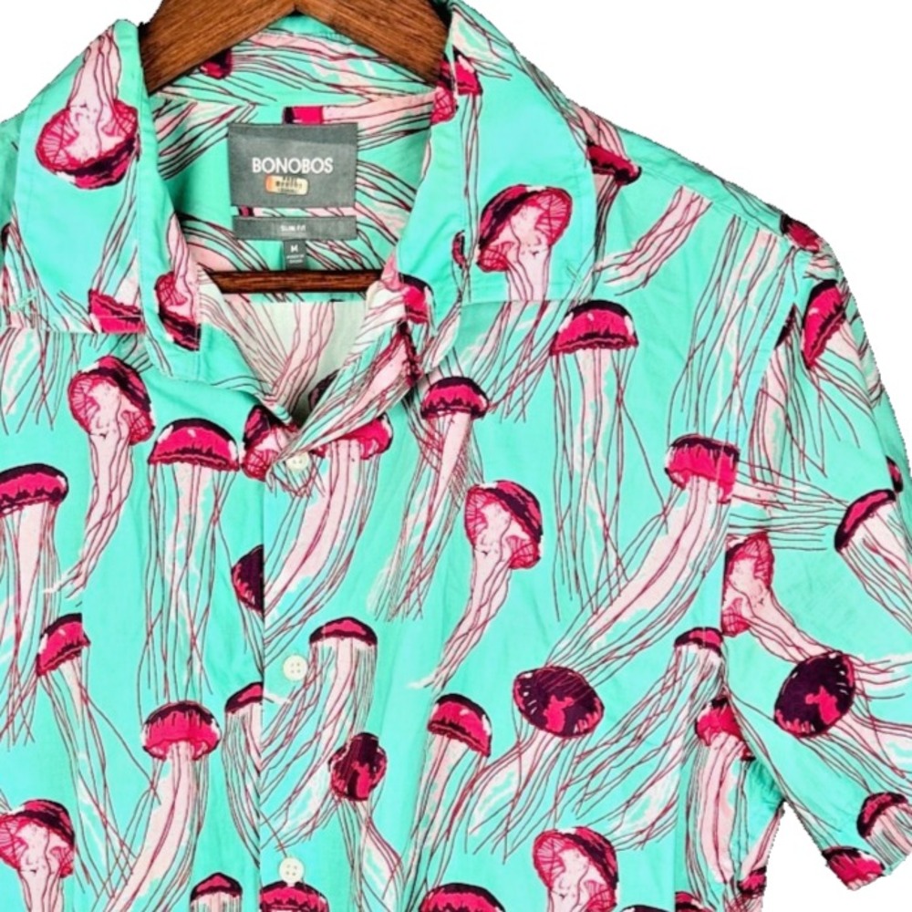 Bonobos Mens M Slim Fit Short Sleeve Button Shirt Jellyfish Print Green Pink